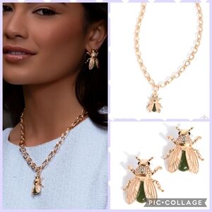 Gold Bee Charm Necklace and Stud Earrings Set — Green Accent